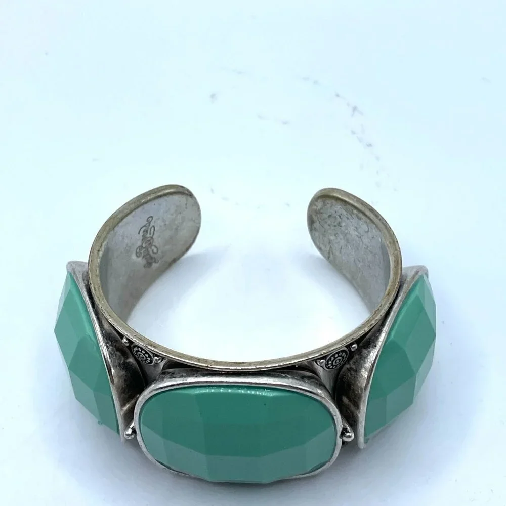Lucky Brand Southwestern Boho Three Stone Green Silver Wide Cuff Bracelet